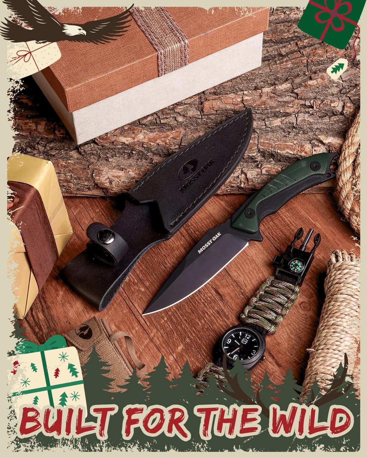 Mossy Oak 9.5" Fixed Blade Hunting Knife with Sheath, 14C28N Full Tang, G10 Handle Outdoor Knife for Survival, Camping, Hiking(Green)