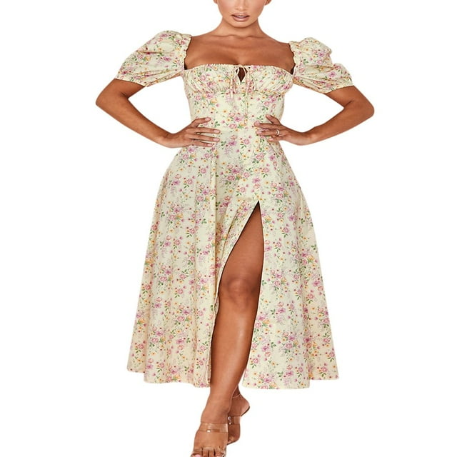 Robe Maxi Fendue à Manches Bouffantes pour Femmes, Col Carré, Volants, Florale, Boho, Dos Nu, Style Cottage