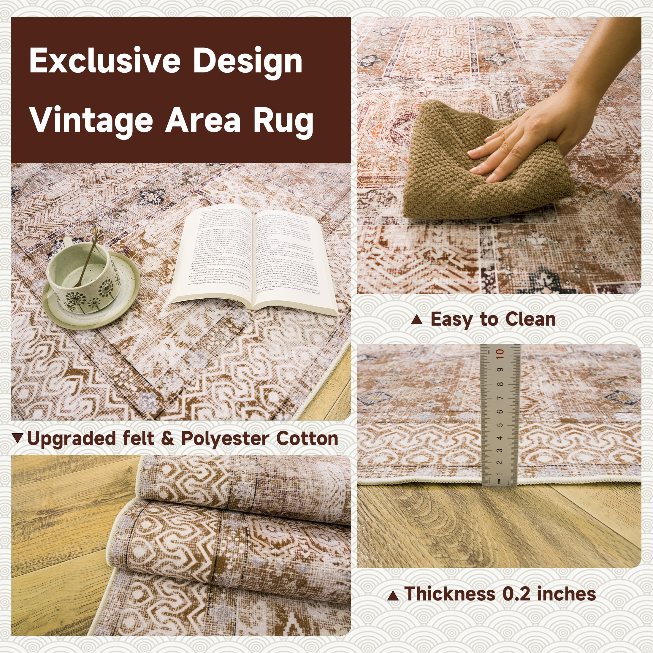 Socofuz Vintage Print Area Rug, Washable Floor Carpet Suitable for Bedroom, Living Room, Floor room, Dining room, Light Brown, 5' x 7'