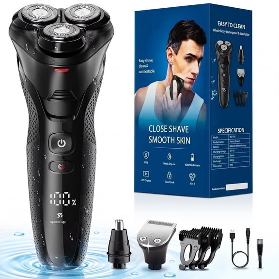 Nogroa Electric Shavers for Men, 3 in 1 Cordless Razor Waterproof Wet Dry Adjustable Speeds Beard Trimmer Grooming Kit with Nose Hair Trimmer, Sideburns Trimmer