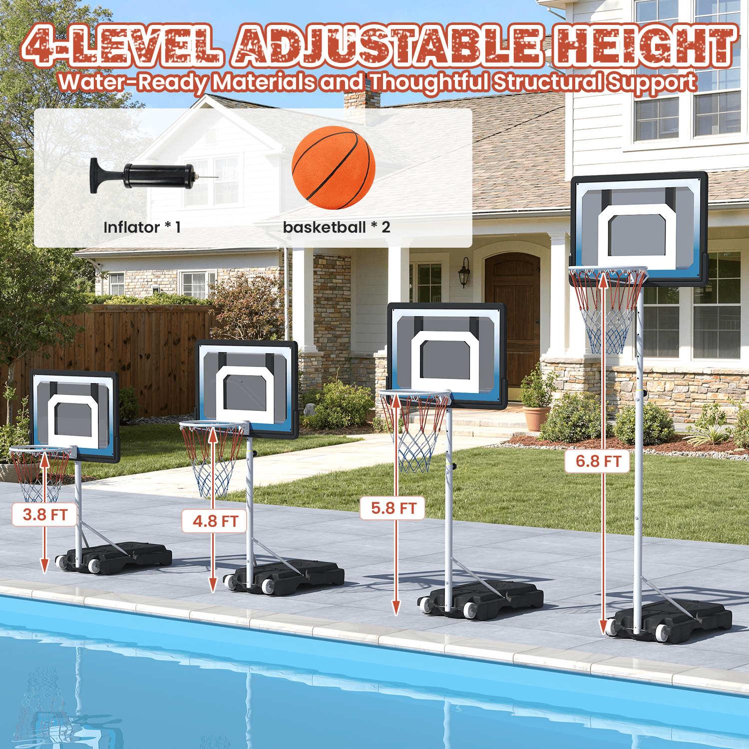 Danrelax Pool Basketball Hoop, Height Adjustable 3.9" to 6.9", Blue PE Frame, Water Base, Includes Air Pump, 8-Inch Rubber Ball, Indoor & Outdoor Use