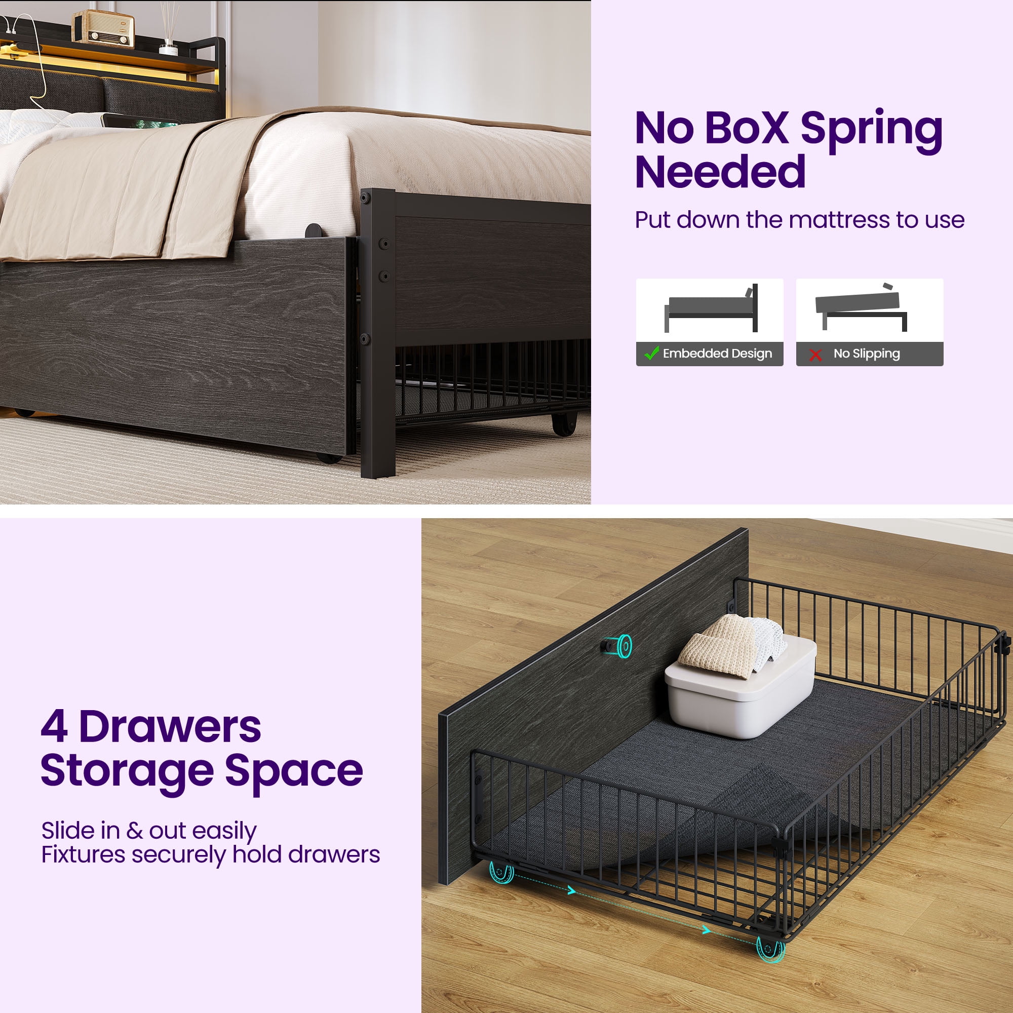 Greenstell Twin Size Bed Frame with Storage Headboard, LED Lights, Charging Station, 4 Drawers, Heavy-Duty Metal Platform Bed with USB & Type-C Ports,Dark Gray