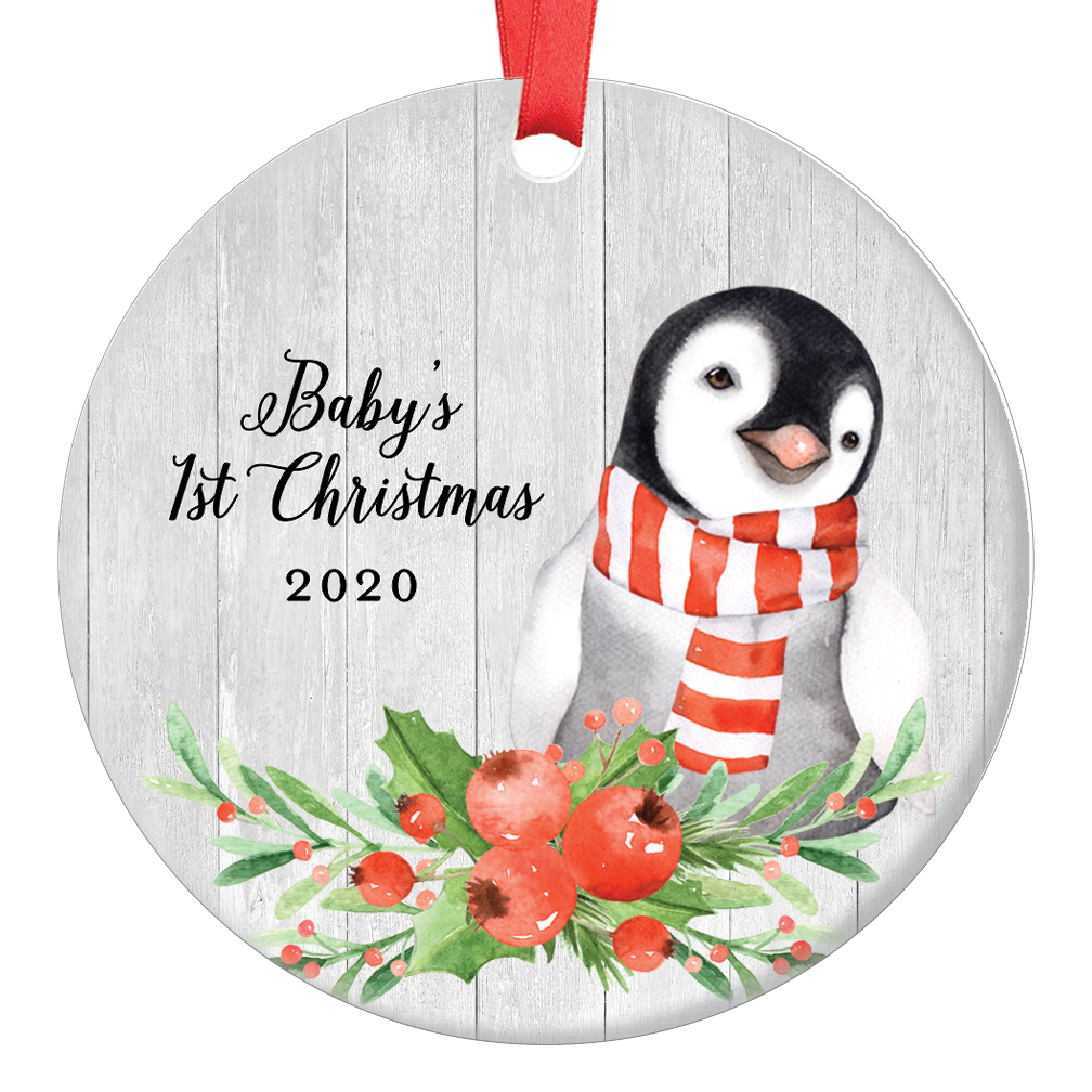 Baby Penguin Baby's First Christmas Ornament 2020, 1st Babies Xmas Present for New Girl Boy Son Daughter Mommy Daddy Parents Ceramic Porcelain Keepsake 3" Flat Circle with Red Ribbon & Free Gift Box - image 1 of 2