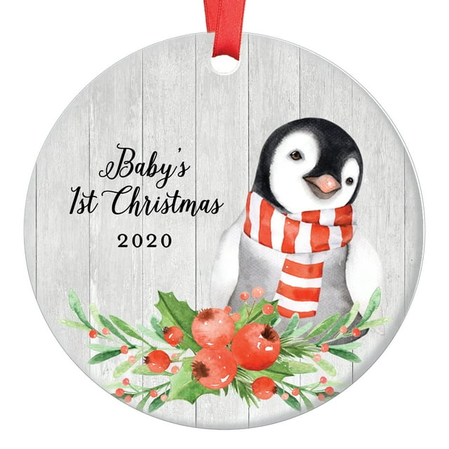Baby Penguin Baby's First Christmas Ornament 2020, 1st Babies Xmas Present for New Girl Boy Son Daughter Mommy Daddy Parents Ceramic Porcelain Keepsake 3" Flat Circle with Red Ribbon & Free Gift Box