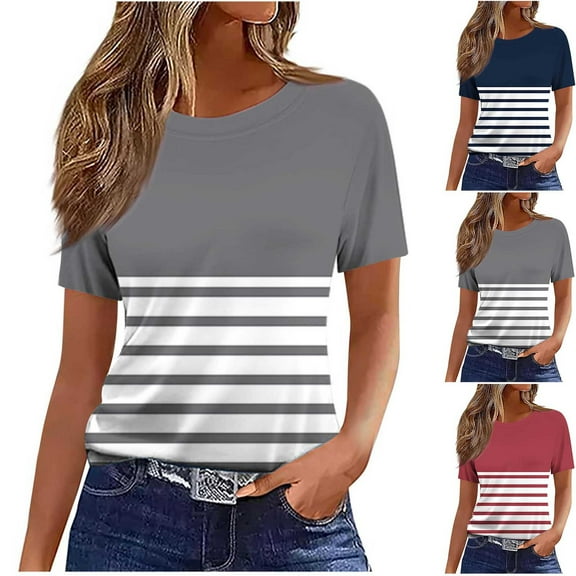 HaiMao Womens Striped Shirt Clearance Short Sleeve Crew Neck Tops Casual Loose Fit Tee Red XL(XL)
