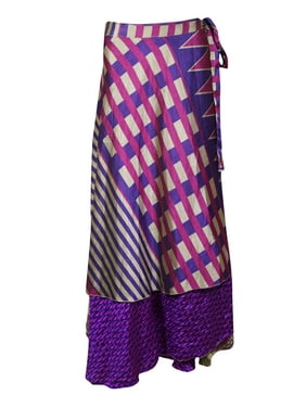 Mogul Women Pink,Blue Vintage Silk Sari Magic Wrap Skirt Reversible Printed 2 Layer Sarong Beach Wear Cover Up Long Skirts One Size