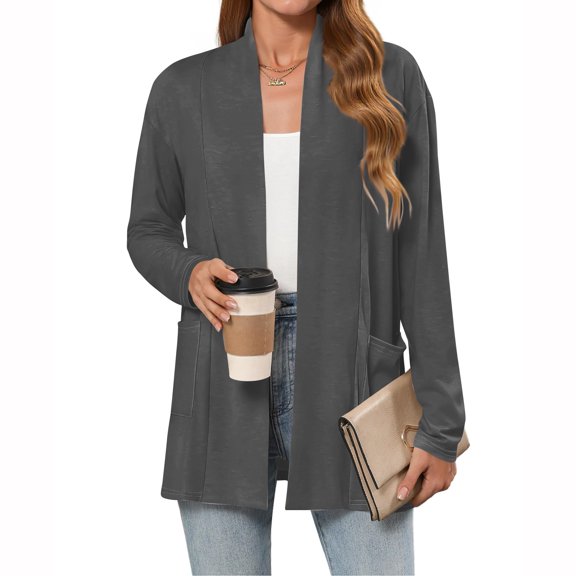 Evdexr Junior's Long Cardigans Lightweight Open Front Kimono Cardigans Long Sleeve Thin Cover Ups Trendy Solid Color Plus Size Knit Cardigan Sweaters with Pockets Gray 2XL