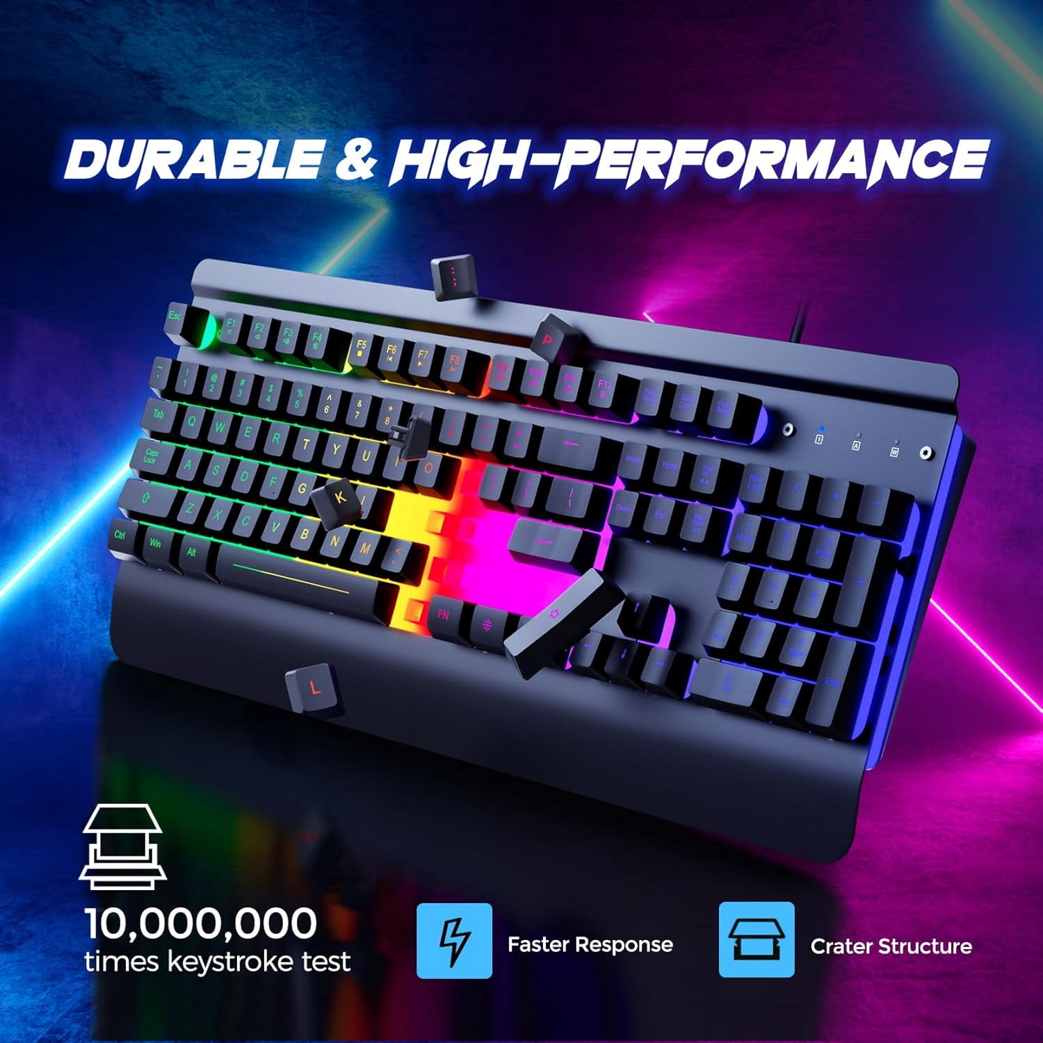 Gaming Keyboard, 104 Keys All-Metal Panel, Rainbow LED Backlit Silent Computer Wrist Rest, Multimedia Keys, Anti-Ghosting, Waterproof Light Up Wired Keyboard for PC Mac Gamer