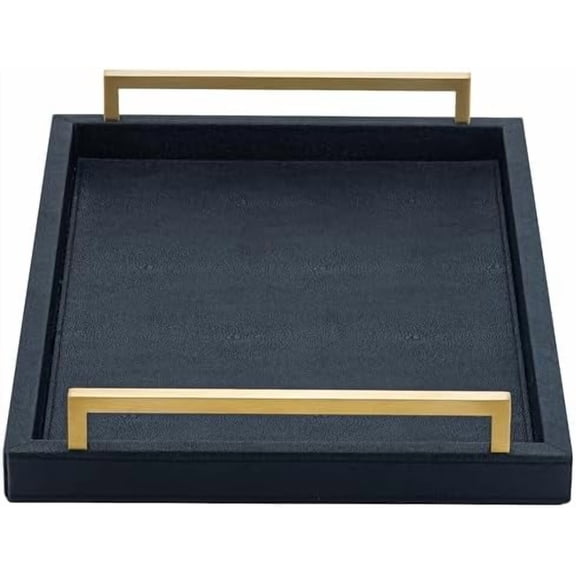 Black Faux Leather Serving Tray, 17x12 inches, Brushed Gold Handles, Decorative Tray for Ottoman Coffee Table, Living Room, Kitchen, Bathroom