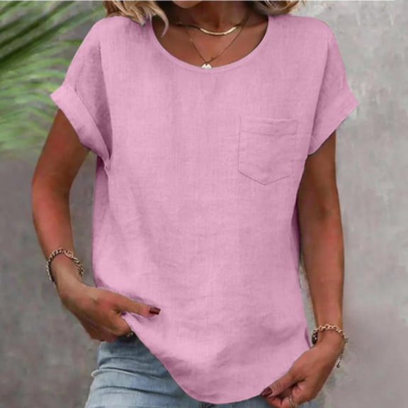 Babysbule Women's Casual Linen Blend T-Shirt Round Neck Short Sleeve Pocket Top for Spring Summer Daily Wear