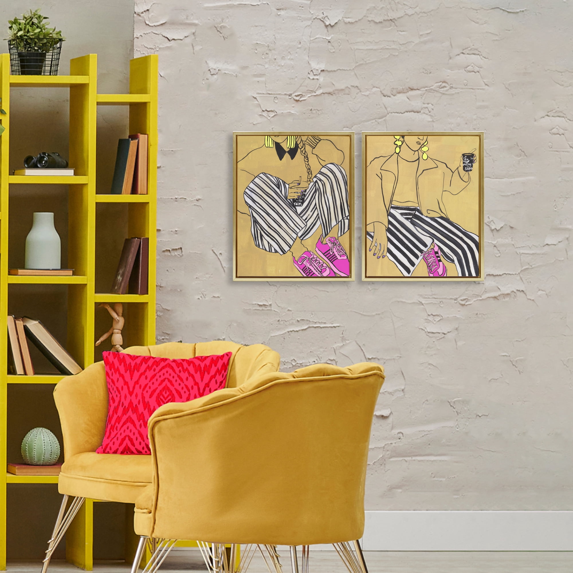 Stupell Industries Crimson Thread Fashion Poses 2 Piece Gold Framed Floater Canvas Set, design by Melissa Wang