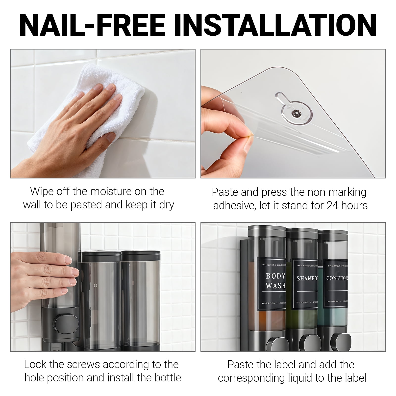 No Drill Wall Mounted Soap Dispenser with Labels
