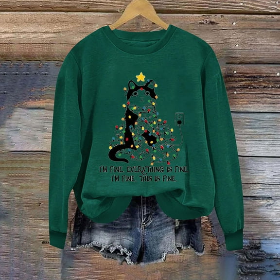 BXJX Women's Round Neck Christmas Print Sweatshirt- Loose Fit Casual Winter Holiday Christmas Pullover Tops Green Size XL