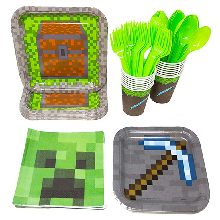 Unique Minecraft Ultimate Party Bundle | Kit de decoración de mesa,  cubierta de mesa, servilletas y platos, vasos, globos, fiesta de cumpleaños