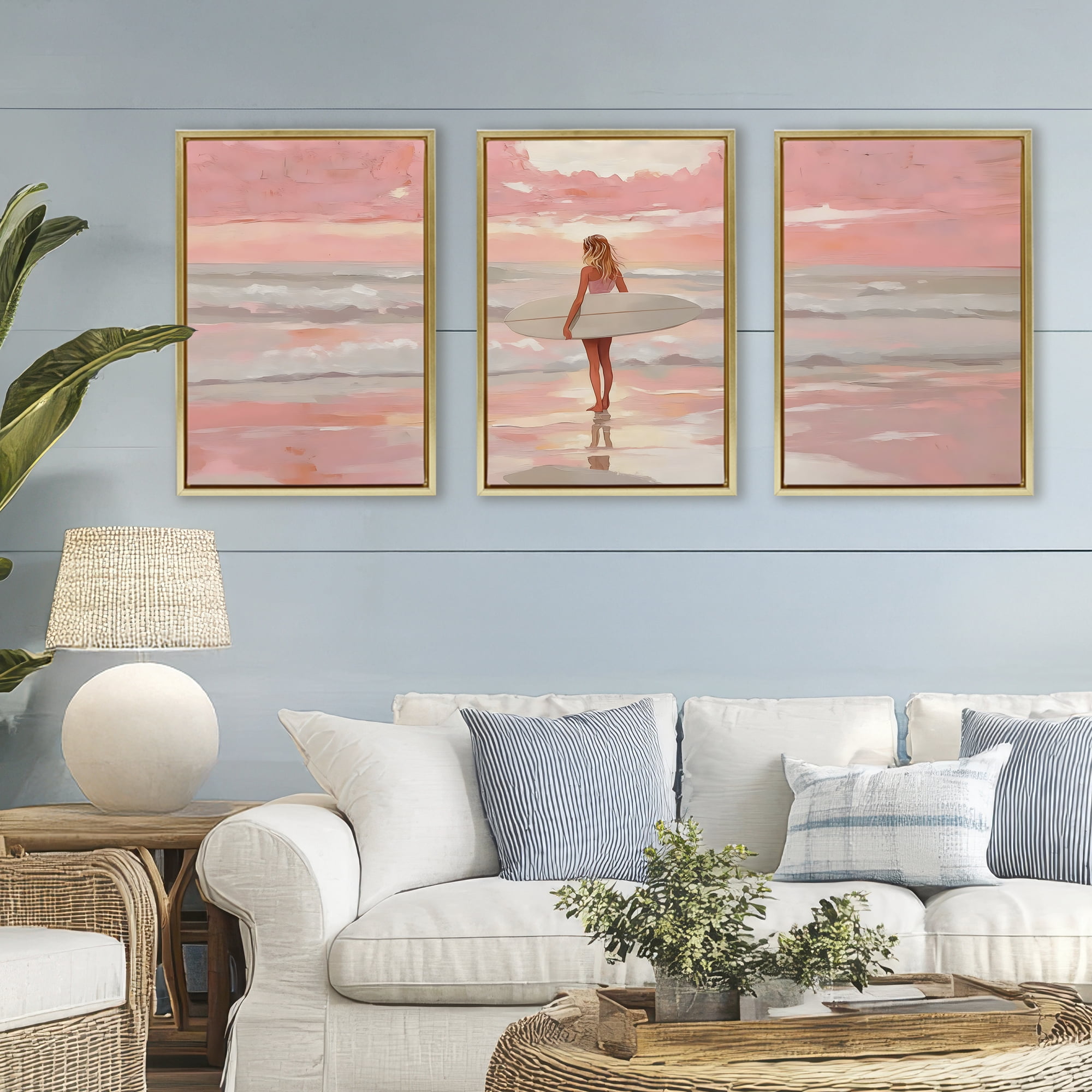 Stupell Industries Pink Sky Surfer Sunrise 3 Piece Gold Framed Floater Canvas Set, design by LSR Design Studio