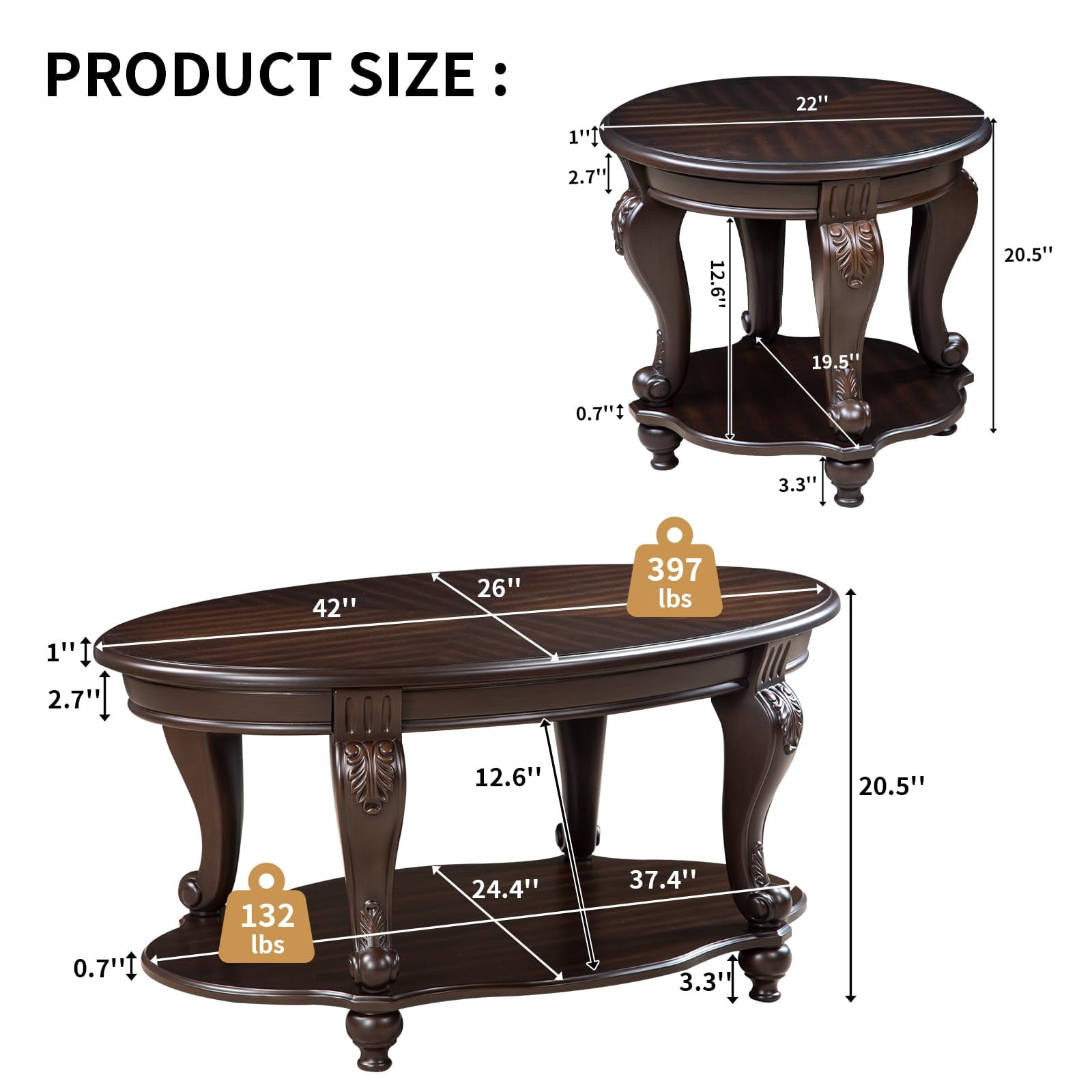 3-Piece Vintage Oval Coffee Table Set - Espresso Wood Table with Carved Legs for Living Room & Office