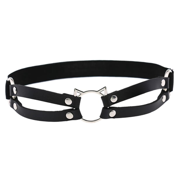 Moda mujer gótico gato PU cuero pierna liguero muslo Negro Colcomx Correas de liguero elásticas para la pierna