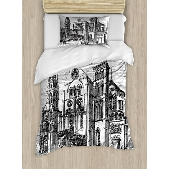 Notre Dame Duvet Cover Set Twin Size, Old Engraved Art Drawing Illustration of Notre-Dame-en-Vaux Exterior Print, Decorative 2 Piece Bedding Set with 1 Pillow Sham, Black and White, by Ambesonne