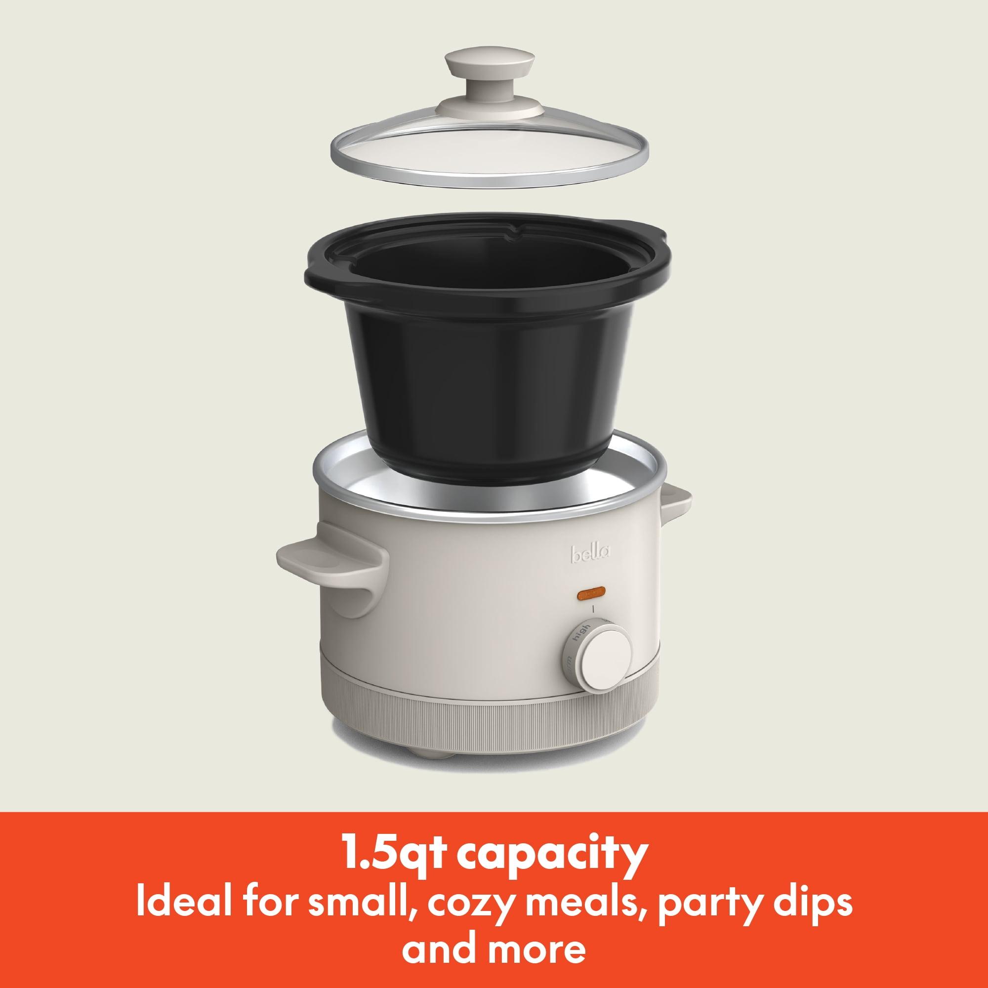 bella 1.5 Qt Manual Slow Cooker with 3 Heat Settings, Ceramic Nonstick Coating, Dishwasher Safe Pot & Tempered Glass Lid, Oatmilk