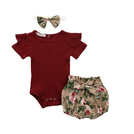 

OVTICZA Infant Baby Toddler Girls Summer Bodysuit and Floral Shorts Set Outfit Ruffle Clothing Set Short Sleeve with Headband Deep Red 90