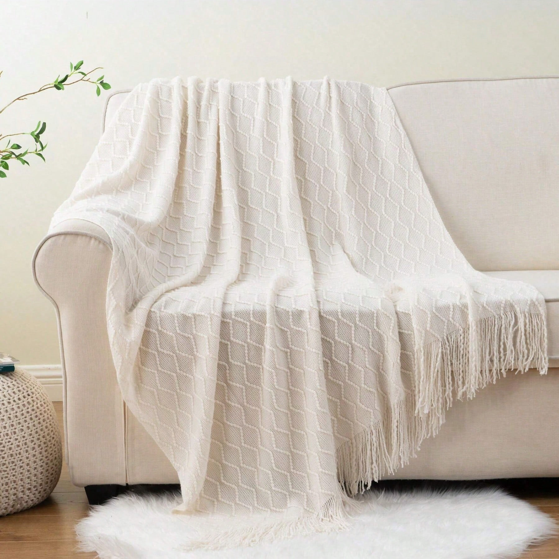 Battilo Ivory White Knitted Throw Blanket, Boho Decorative Throws,Lightweight Knit Blanket for Sofa,50"x60"
