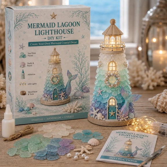 DIY Lighted Sea Glass‑Style Lighthouse Kit Collection, Hand‑Made LED Light‑Up Craft Kit, Complete Supplies for Seasonal Tabletop Home Decoration