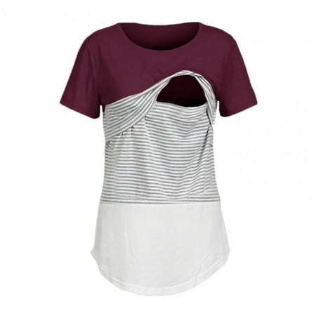 

Kiplyki Wholesale Maternity Stripe Splicing O-Neck Short Sleeve T-shirt Pregnant Women Blouse Tops