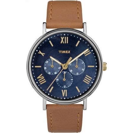 Timex Unisex Southview 41 Multifunction Blue/Silver-Tone Watch, Tan Leather Strap
