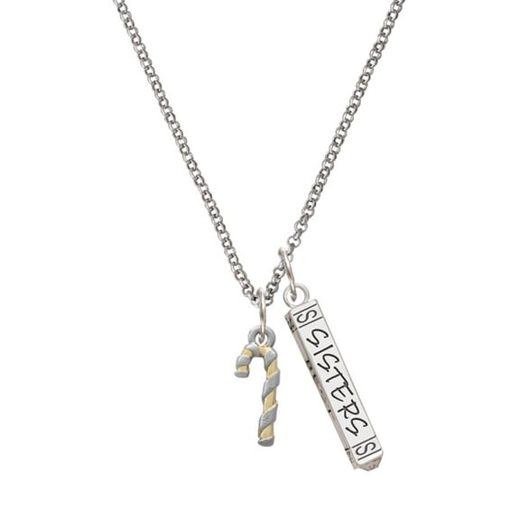 Delight Jewelry Two-tone 3-D Candy Cane Silvertone Sisters Best Friends Forever Bar Charm Necklace, 23"