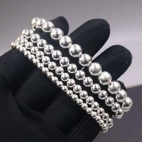 HOOUN Solid 925 Sterling Silver Women Lucky Smooth Glossy Round Beaded Bracelet 4-8mm-4mm, 4-5g