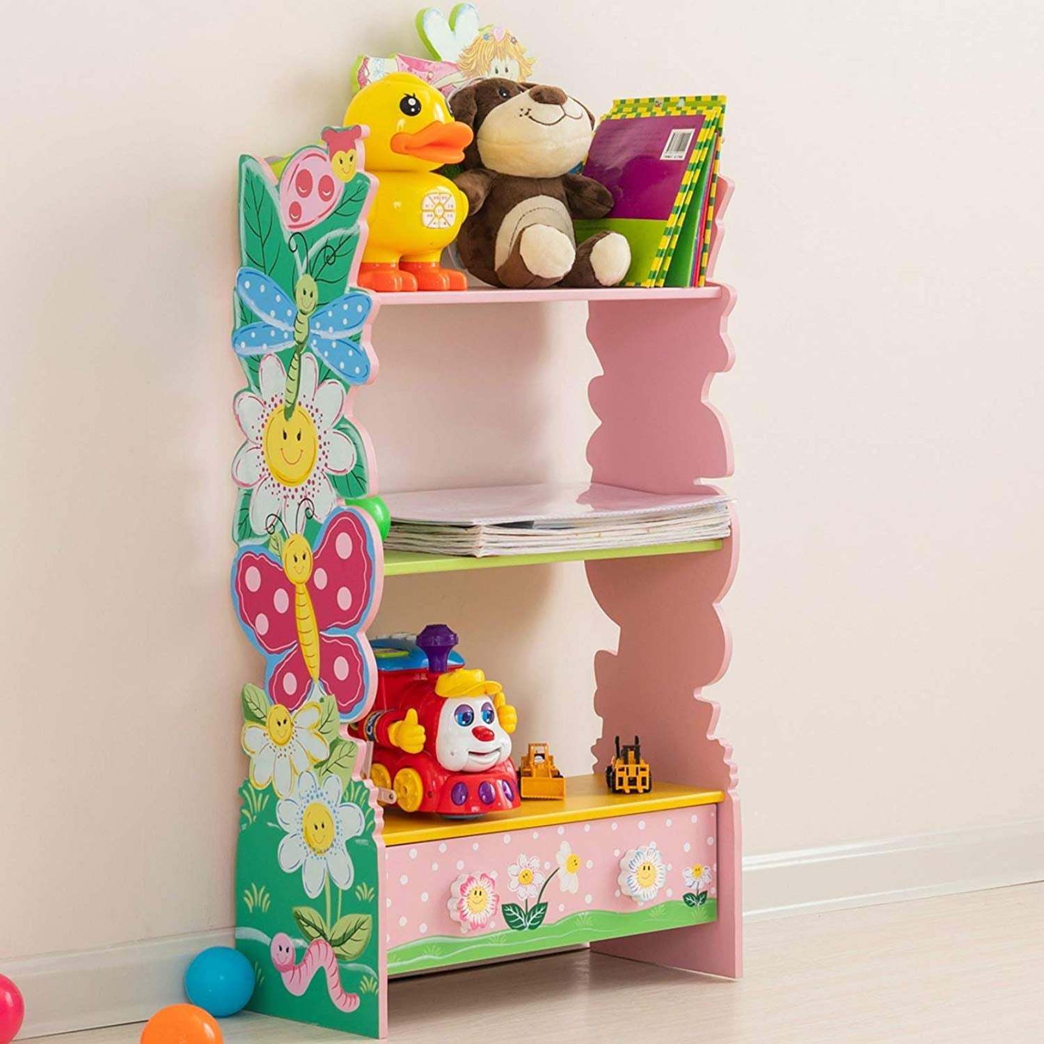 Childrens Kids Wooden Bookcase Storage Rack by Leomark with Stable Jungle Animals Prints Shelf Holder Storage Organizer Display Units for Boys Toddlers Juniors 