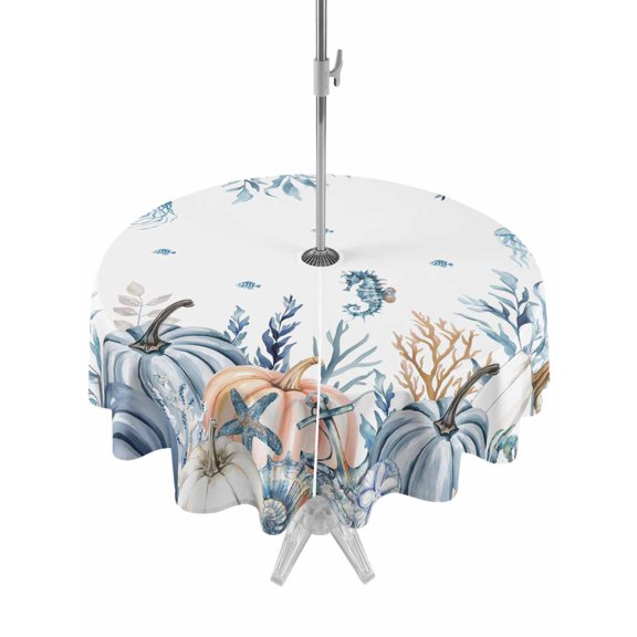 Outdoor Tablecloth with Umbrella Hole and Zipper, Blue Pumpkin Coastal Fall Round Table Cloth 54 Inch Waterproof Tablecloth, Thanksgiving Ocean Botanical Coral Picnic Table Cover for Patio Camping