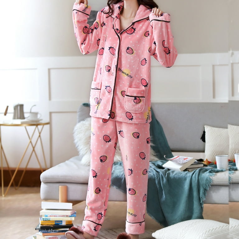 FITORON Womens Pajama Sets- Winter Coral Fleece Suit Strawberry Printed  Pajamas Cute Home Service Pink XXL