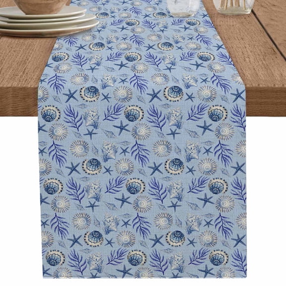 nqOlkjepod Blue Ocean Conch Table Runner 90 Inches Long Farmhouse Dress Scarves, Retro Beige Coastal Coral Starfish Dining Tablerunner for Coffee Table/Kitchen Island/Party Décor, 13" x 90"