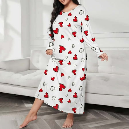 GZWYHT Silk Pajamas Clearance Plus Size Pajamas Plus Size Casual Sleep Dress Plus Heart Print Long Sleeve Round Neck Medium Stretch Loose Nightdress Nightgowns for Women Babydoll Lingerie