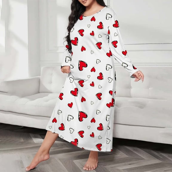Plus Size Casual Sleep Dress Women's Plus Heart Print Long Sleeve Round Neck Medium Stretch Loose Nightdress, Thermal Fleece Nightshirts for Extreme Cold Weather