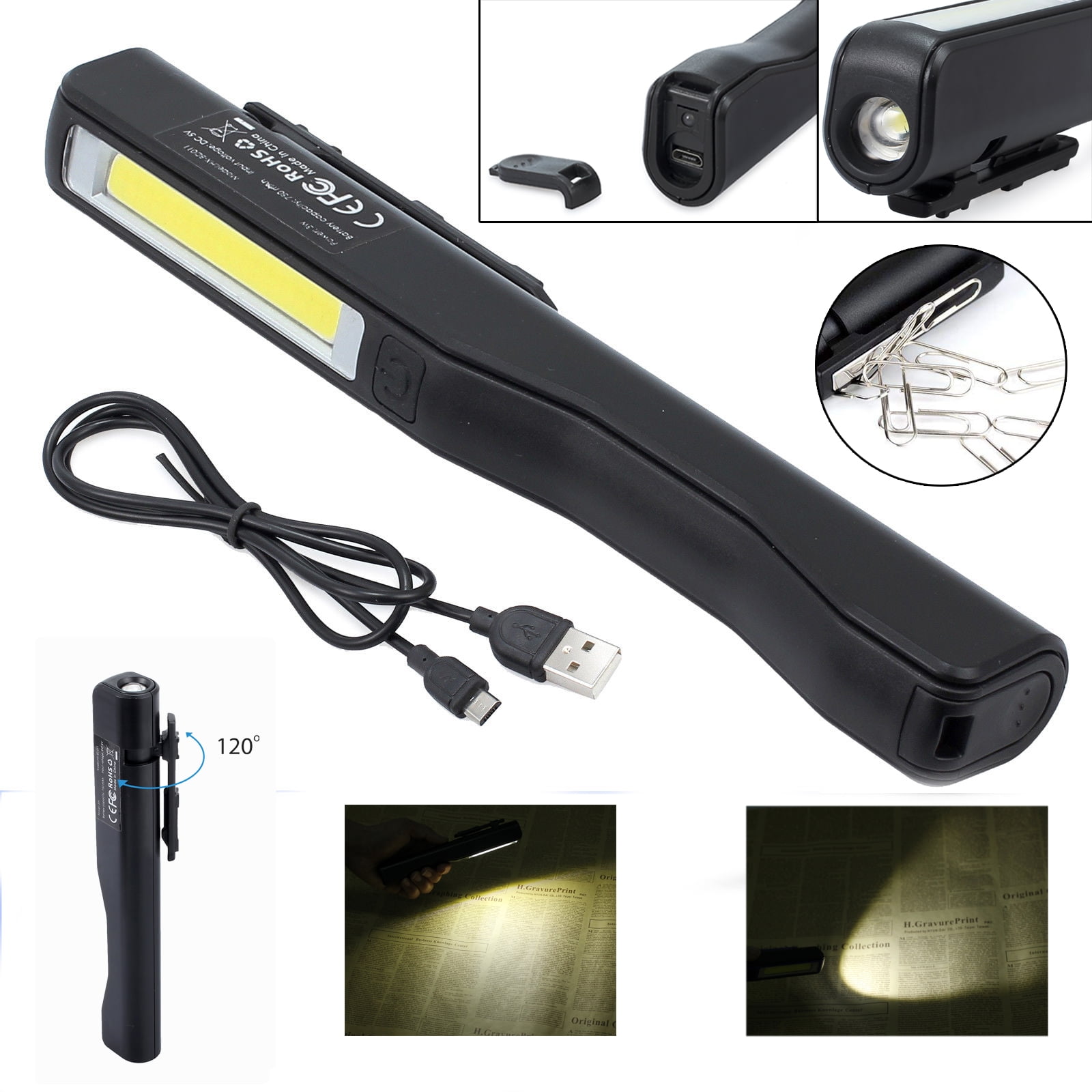 LED COB Flashlight Rechargeable Work Lamp Portable Lighting Battery Slim Torch
