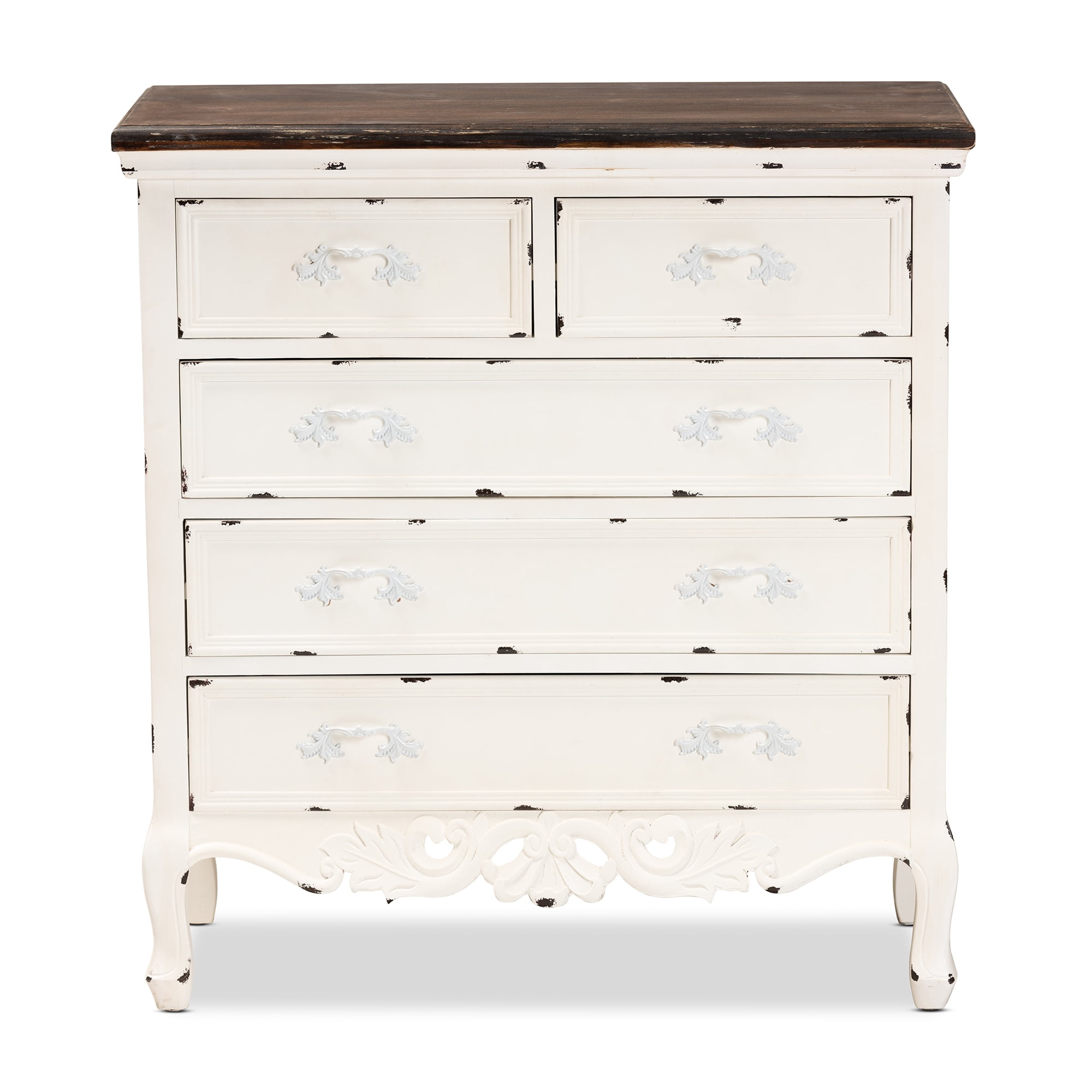 Baxton Studio Levron Classic and Traditional Two-Tone Walnut Brown and Antique White Finished Wood 5-Drawer Storage Cabinet