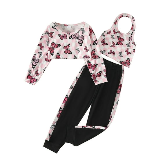 Bagilaanoe 3pcs Little Girl Fall Outfits Pants Sets Toddler Butterfly Print Long Sleeve Sweatshirt Sleeveless Top Sweatpants 3T 4T 5T 6T 7T Kids Casual Clothes