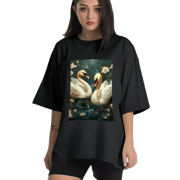 Plus Size Shirt for Women Black Tops for Women Short Sleeves Shirt for Women Swans T Shirt Crewneck Shirt for Women XS