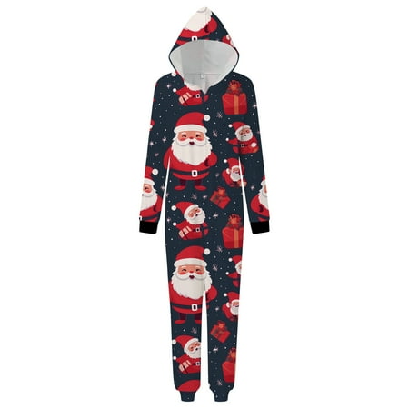 

GHSuoui Parent Child Christmas Matching Family Christmas Siamese Pajamas Sets Prints Hooded Romper Zipper Jumpsuit Loungewear (Mom)