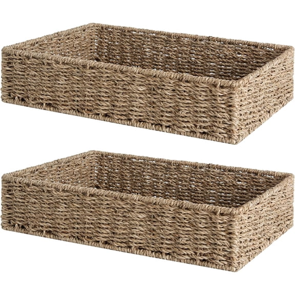 Large Seagrass Tray for Bathroom, Seagrass Storage Baskets for Shelves, Handwoven Natural Wicker Baskets for Organizing, 2-Pack