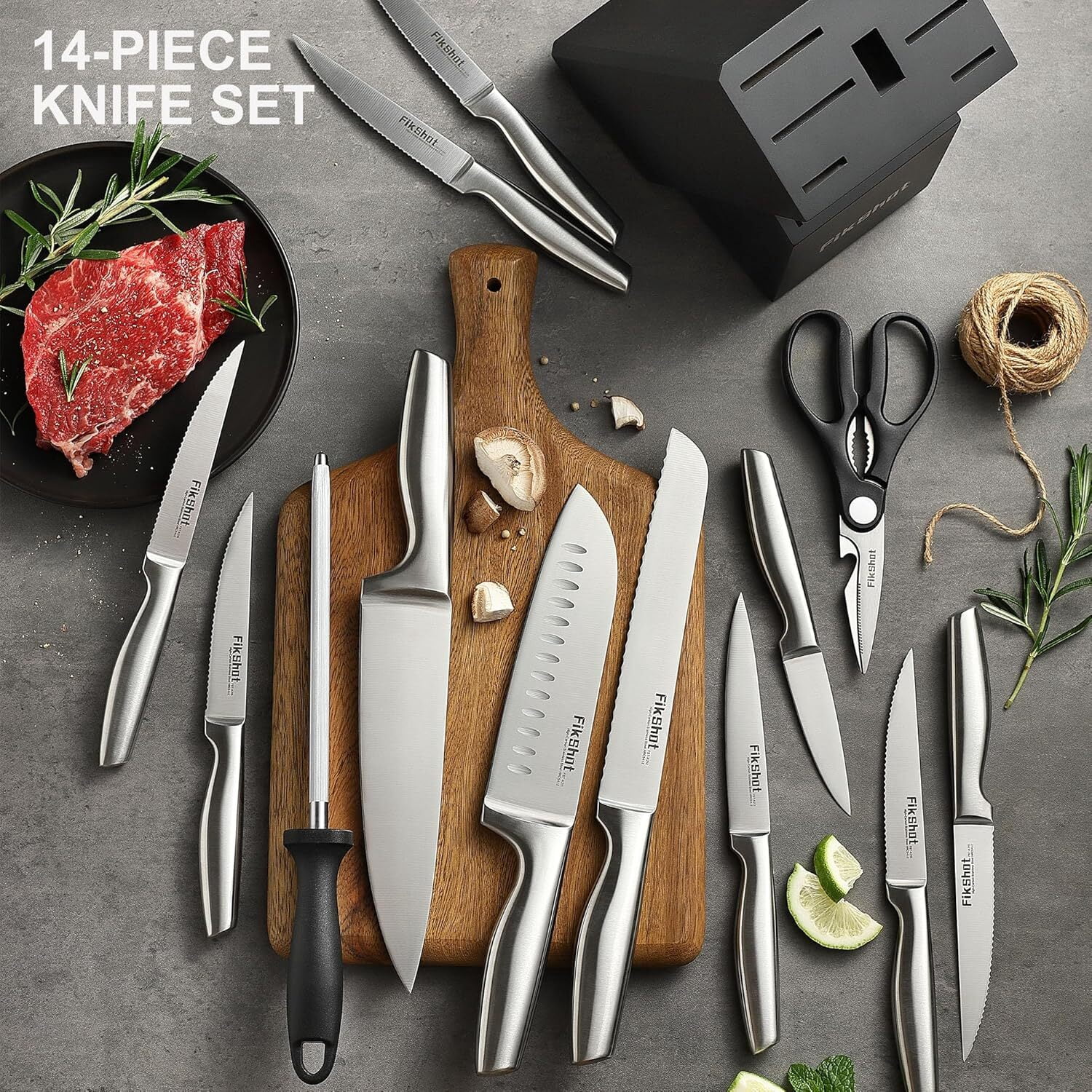 Kitchen Knife Set with Block and Sharpener, 14Pcs High Carbon Stainless Steel Professional Chef Knife Set, Rust-Resistant Knives with Ergonomic Handle for Cooking & Gifting