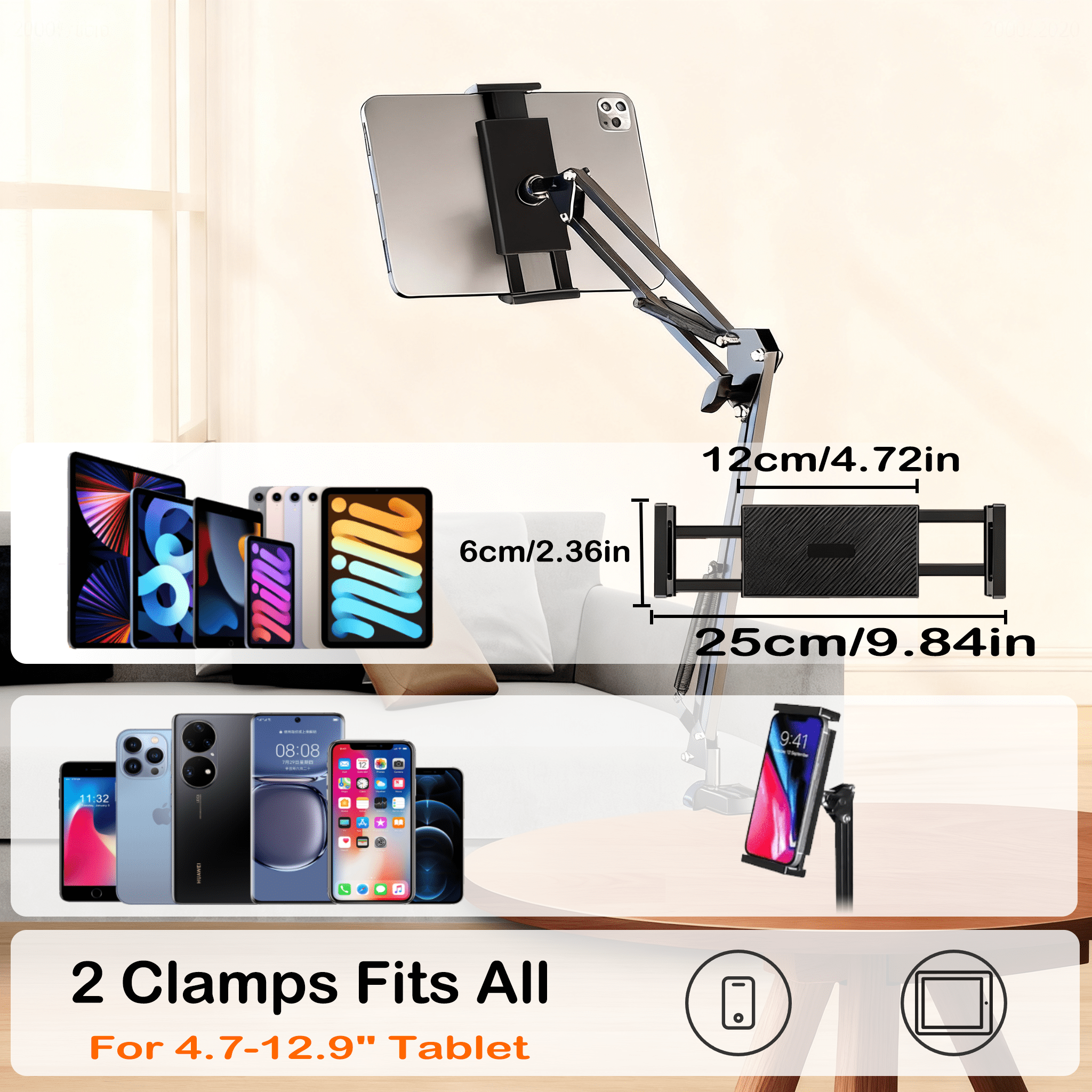 TIKBBRMG Adjustable Tablet Phone Holder for Desk Bed, Adjustable Tablet Phone Stand for Bed, Flexible Tablet Arm Clamp Compatible with iPhone 17 16 15 Pro iPad Kindle Galaxy Tab 4.7-12.9 Inch