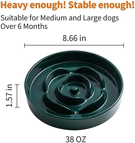 8.66 in Green Ceramic Slow Feeder Dog Bowl for Medium and Large Breed,Pet Feeding Dog Food Water Dish Heavy Weighted,Puppy Bowl for Fast Eaters,Puzzle Slow Eating Dish Modern Cute