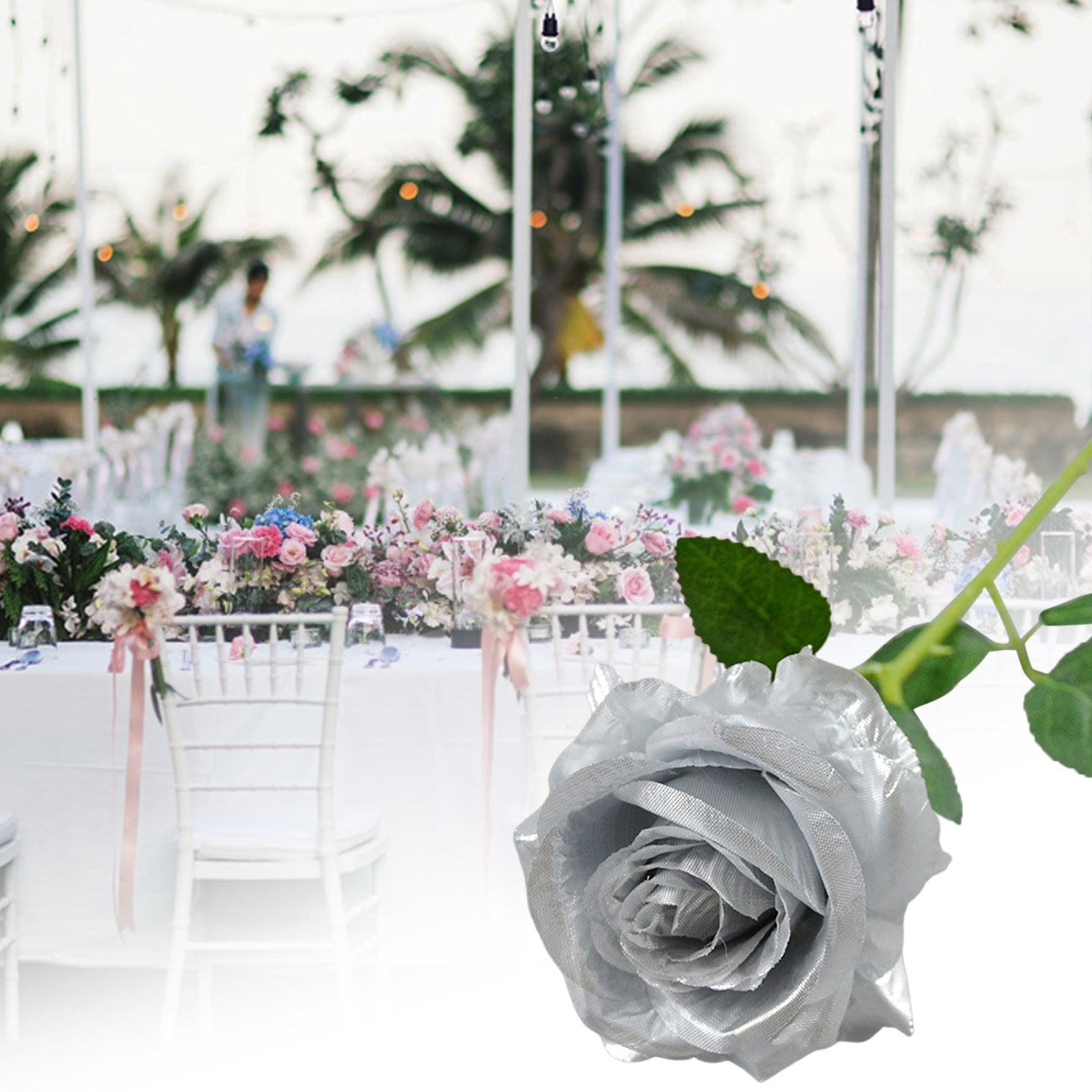 ZFSBZBS Artificial Rose 10pcs Open Flower Bouquet Faux Rose Stems for Wedding Arrangement, Bridal Bouquet, Centerpiece, Fake Faux Silk Flowers,Silver*10 Pcs