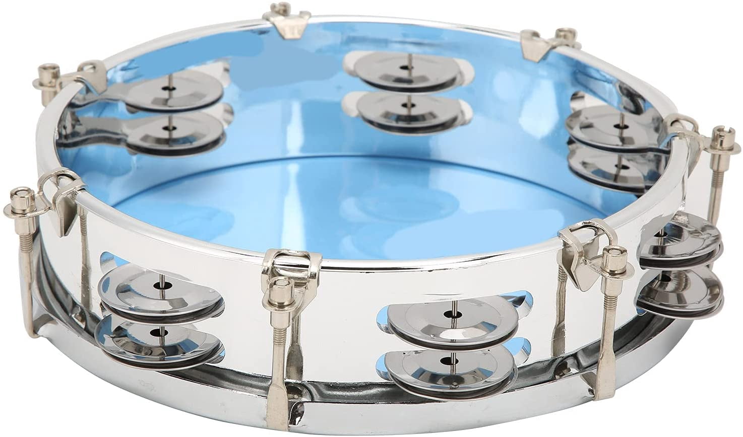 ABCISI 8 Inch Tambourine, Double Row Metal Jingles Hand Held Percussion Instrument with Drum Key for Church Worship Band Adults Beginners (Blue)
