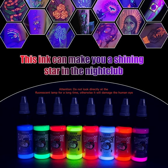 Dqfart 8-Color Night Fluorescent Tattoo Ink Cups, 15 ml, Professional Tattoo Ink Set