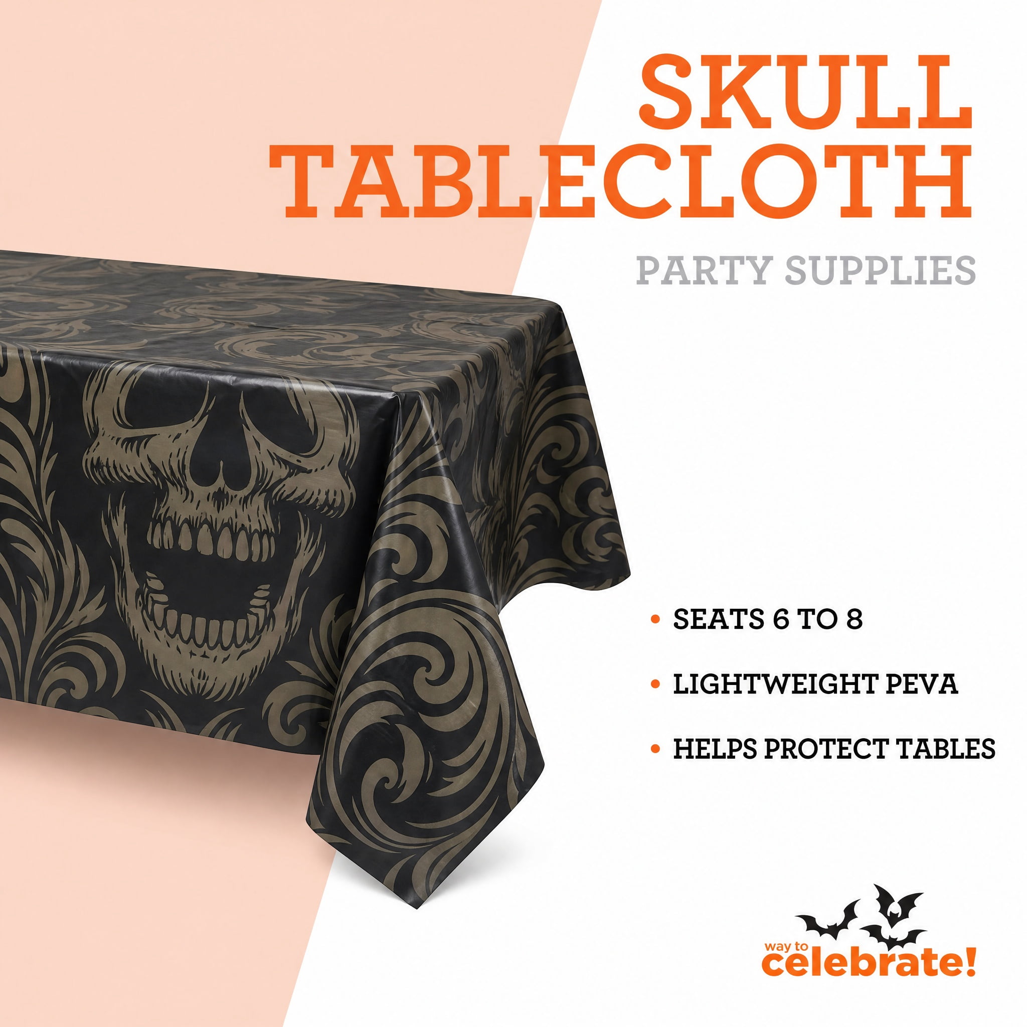 Skull Tablecloth, Black and Gold, 54" x 84", Halloween by Way To Celebrate