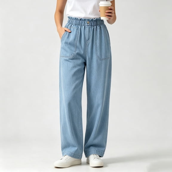 Straight Leg Jeans for Women, Full Length Mid Elastic Waist Pull on Jeans, Stretchy Two Pockets Front Denim Pants, Casual Daily Wear | VerBelle,Dark Blue L